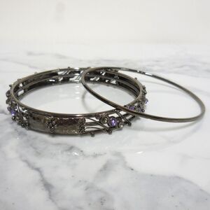 Dark Metal Bangle Set | Purple & Clear Rhinestones | Stackable Bracelets | 8.5"